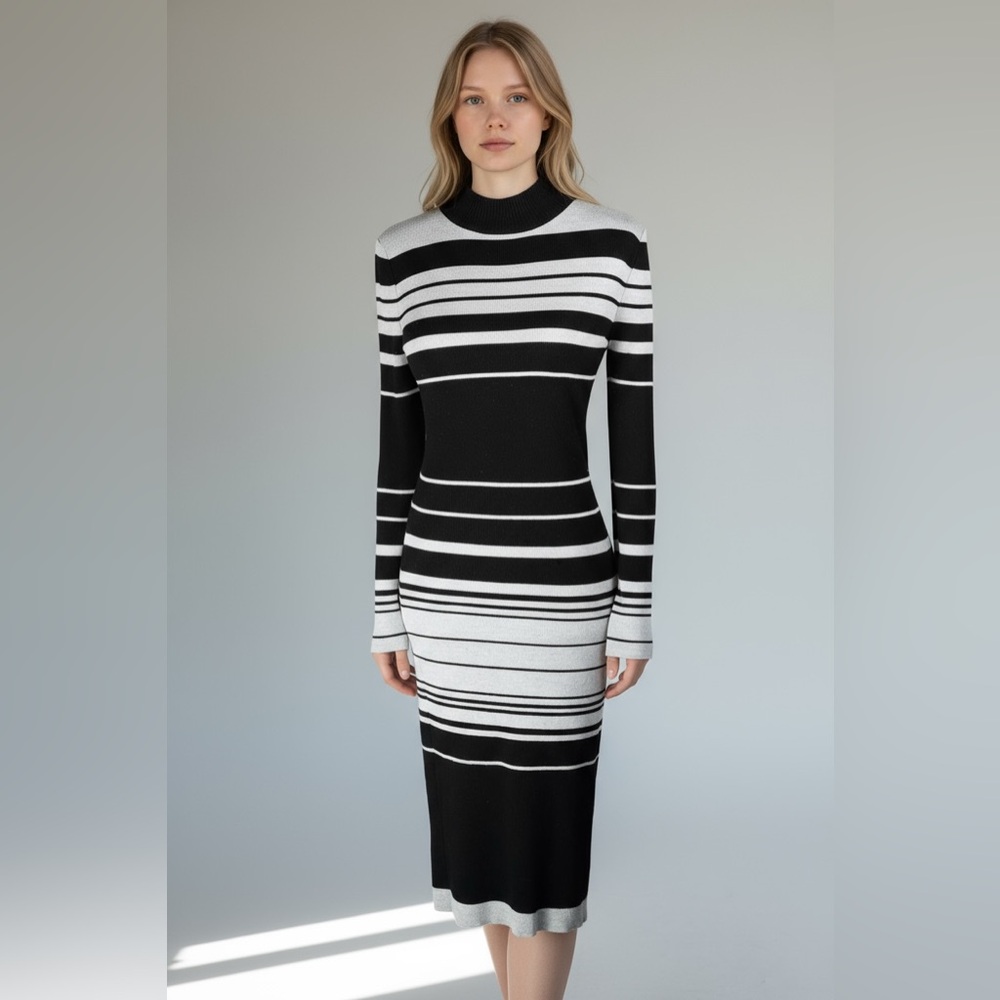 Love Always by FCT Black & Gray Striped Mock-Neck Sweater Midi Dress – Size XL - Picture 17 of 17
